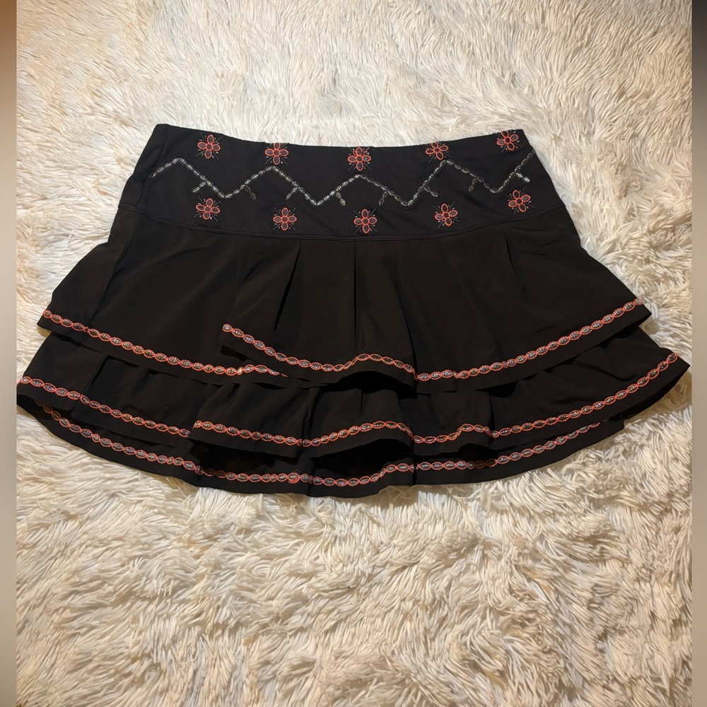 LuckyinLove tennis/ pickleball skirt black with pink embroidered flowers size M